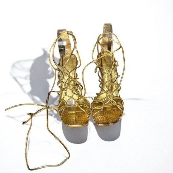 🌻 Schutz Strappy Gold Leather Snake Embossed Heyde Heels Size 8 + Box / Dust Bag - Picture 8 of 15